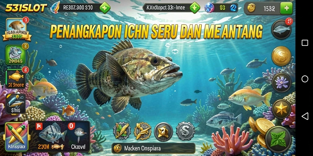 Gameplay 531SLOT yang seru dengan berbagai ikan dan alat pancing.