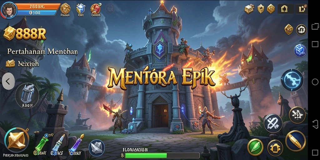 Tampilan gameplay mendebarkan di 888R saat melindungi menara dari serangan musuh.