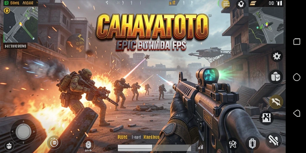 Screenshot CAHAYATOTO menunjukkan aksi pertempuran FPS yang menegangkan.