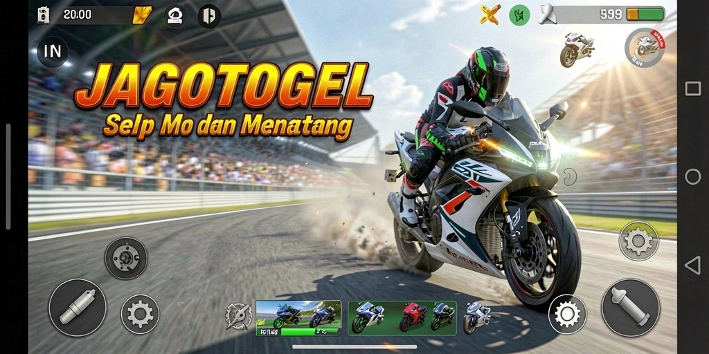 Screenshot utama menunjukkan aksi balap motor yang intens.