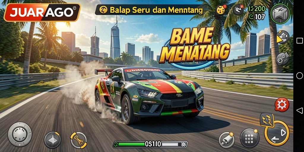 Gameplay JUARAGO menampilkan aksi balapan yang mendebarkan dan kendaraan yang bertenaga.