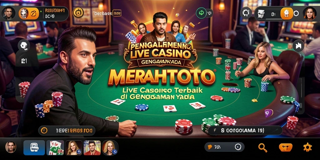 Screenshot gameplay MERAHTOTO menunjukkan dealer live dan suasana kasino yang mendebarkan.