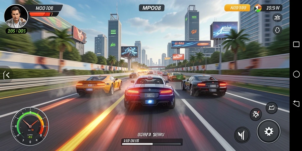 Tampilan gameplay MPO08 yang mendebarkan dan penuh aksi balapan.