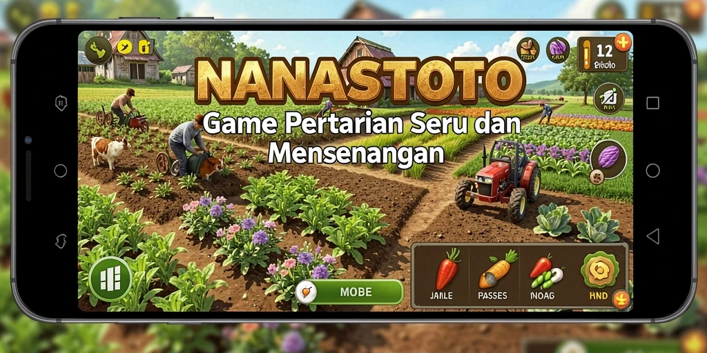 Gameplay seru dalam NANASTOTO dengan berbagai tanaman dan alat pertanian.