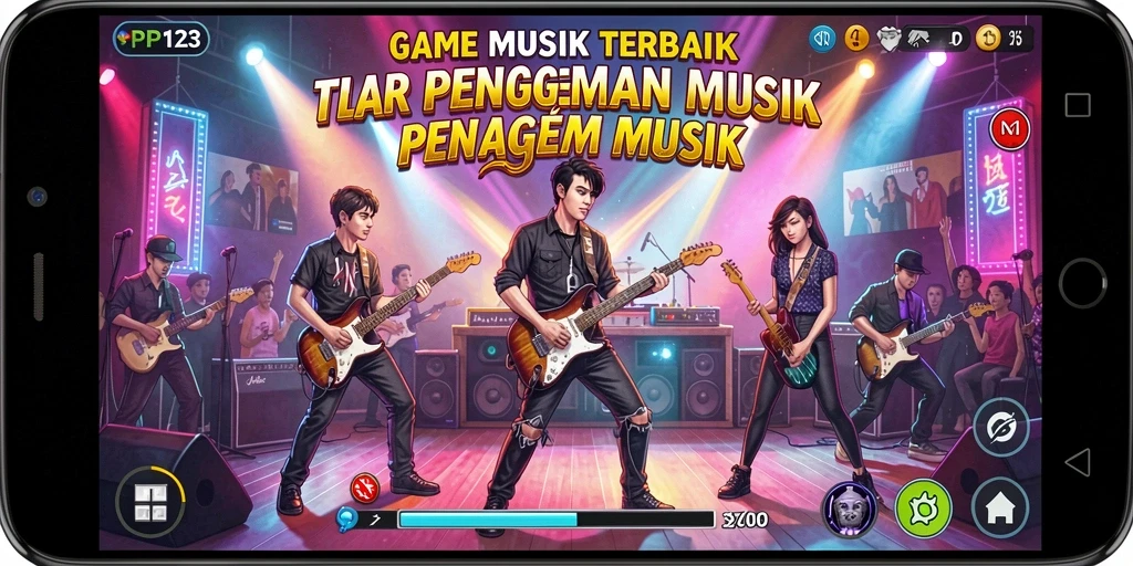 Screenshot utama PP123 yang menunjukkan gameplay seru dengan berbagai genre musik.
