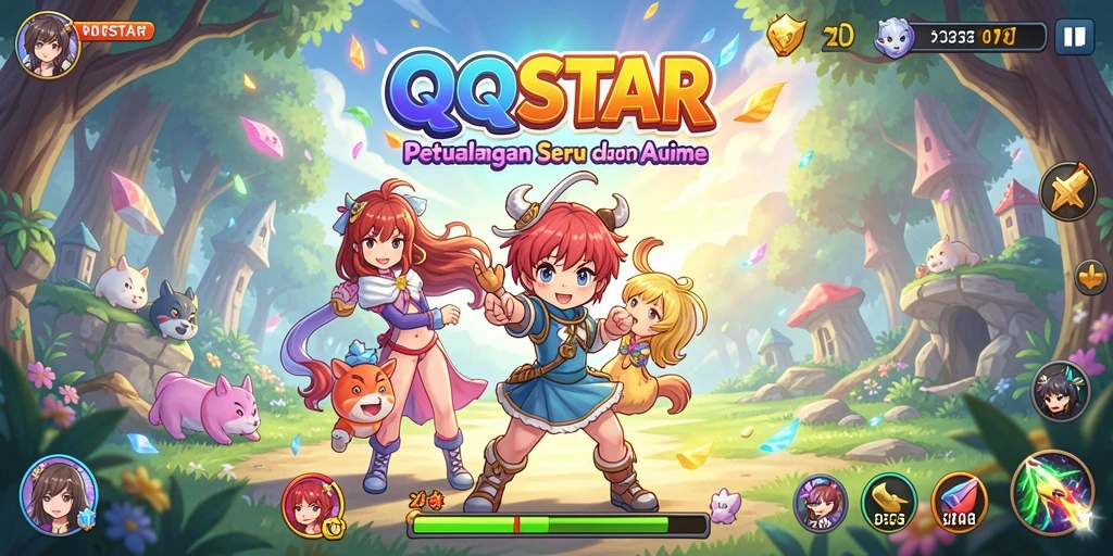 Tangkapan layar gameplay QQSTAR dengan karakter anime yang menarik.
